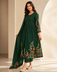 Bottle Cream Cotton Printed Kurta Pant Dupatta Set
