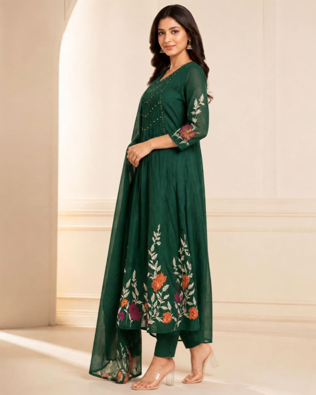 Bottle Cream Cotton Printed Kurta Pant Dupatta Set