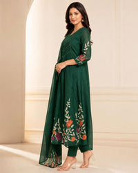 Bottle Cream Cotton Printed Kurta Pant Dupatta Set