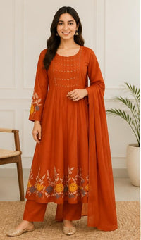 Rust Orange Cotton Printed Kurta Pant Set