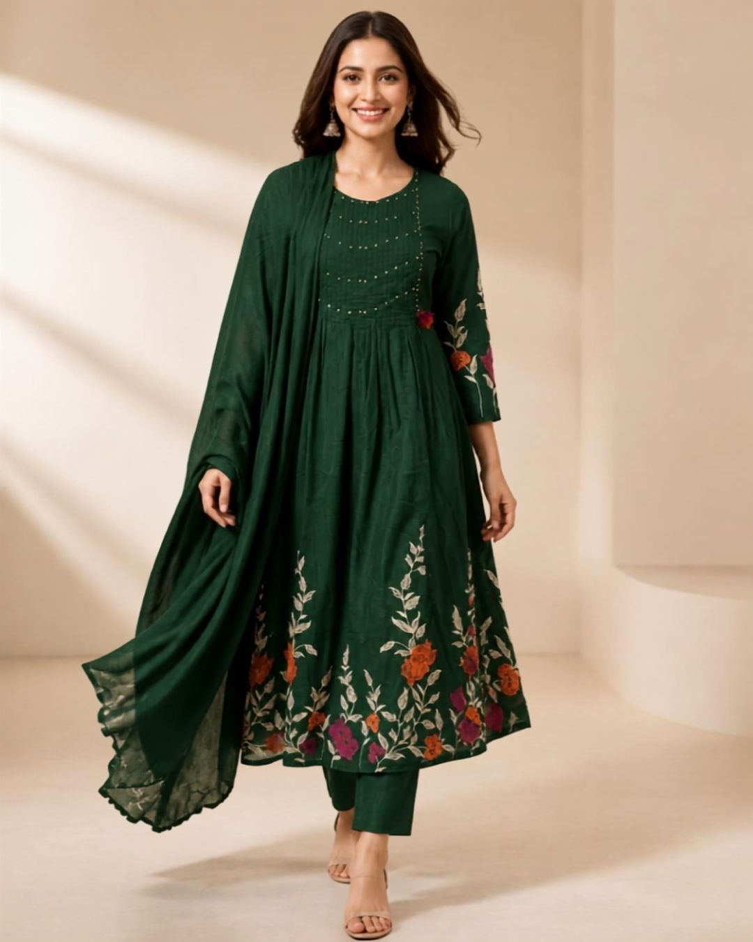 Bottle Cream Cotton Printed Kurta Pant Dupatta Set
