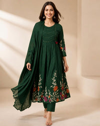 Bottle Cream Cotton Printed Kurta Pant Dupatta Set
