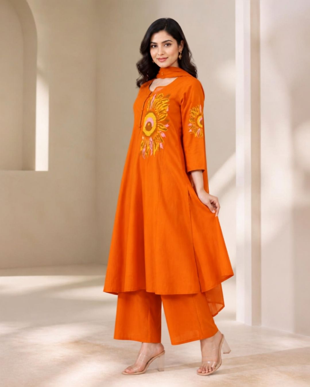 Rust Orange Cotton Thread-Embroidered Pant Kurta Set