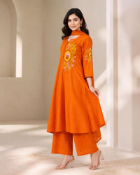 Rust Orange Cotton Thread-Embroidered Pant Kurta Set