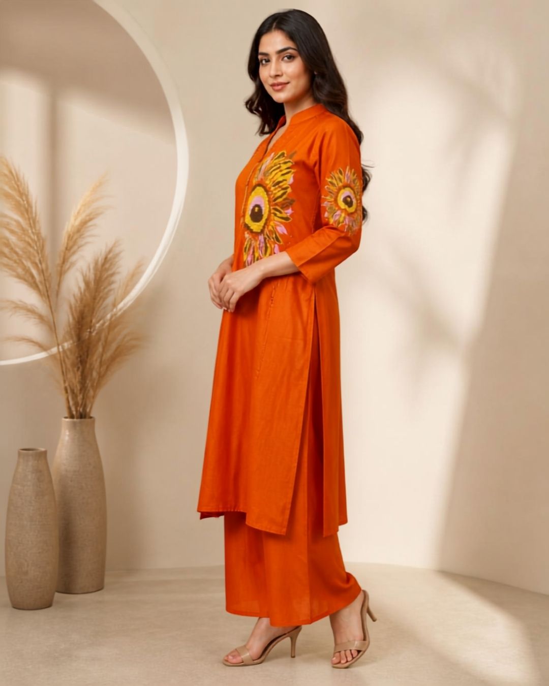 Rust Orange Cotton Thread-Embroidered Pant Kurta Set