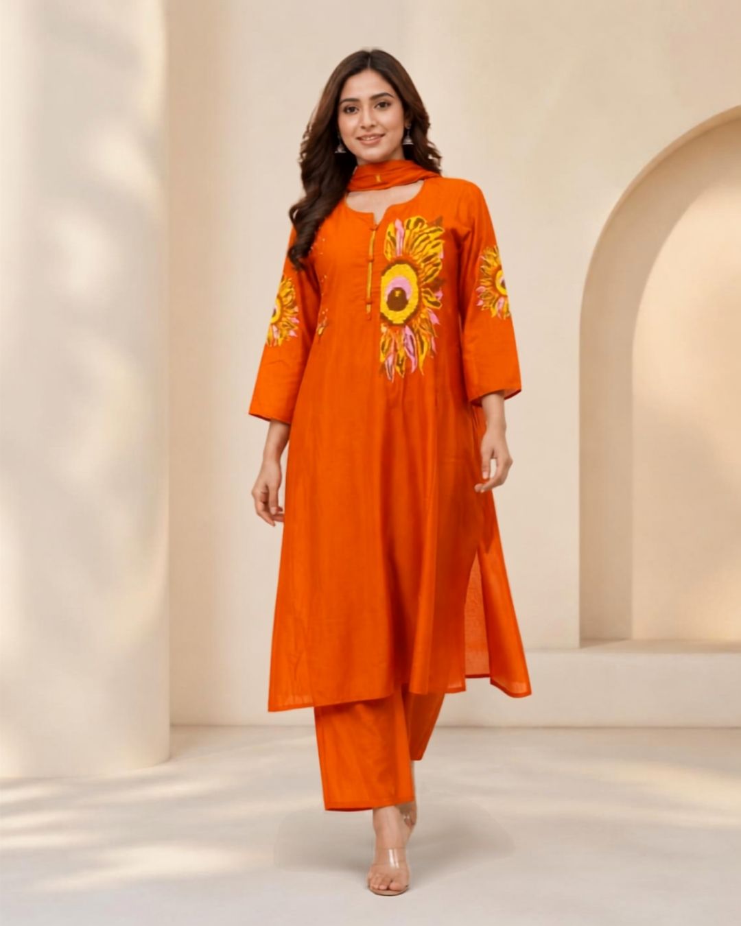 Rust Orange Cotton Thread-Embroidered Pant Kurta Set