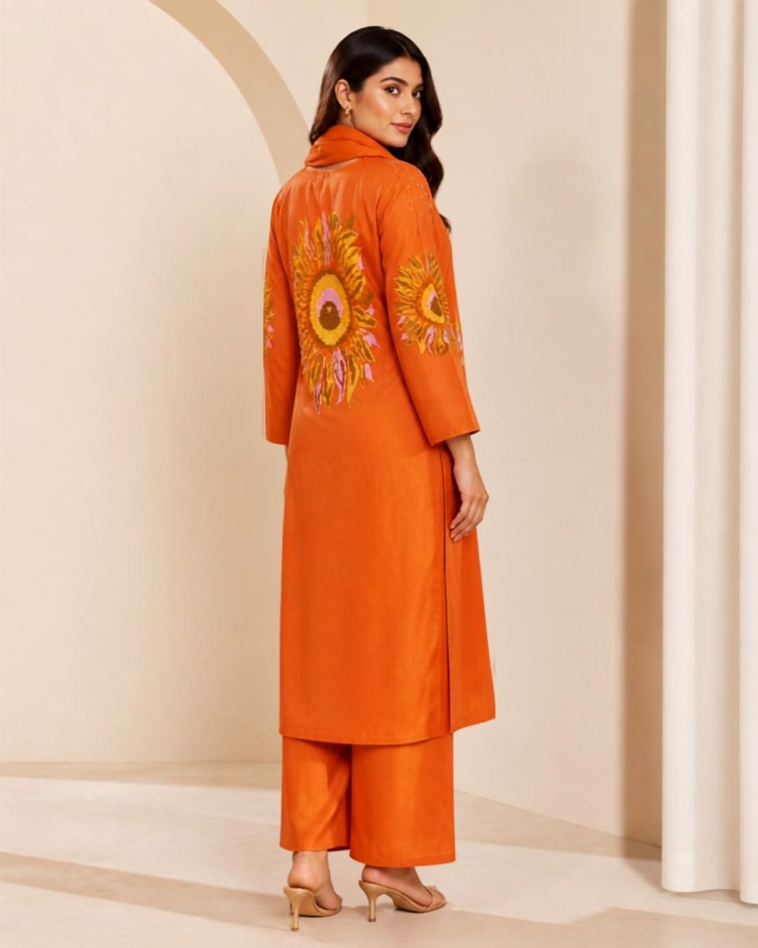 Rust Orange Cotton Thread-Embroidered Pant Kurta Set
