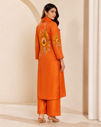 Rust Orange Cotton Thread-Embroidered Pant Kurta Set