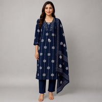 Indi Blue Cotton Printed Mirror-Work Pant Kurta Set
