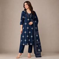 Indi Blue Cotton Printed Mirror-Work Pant Kurta Set