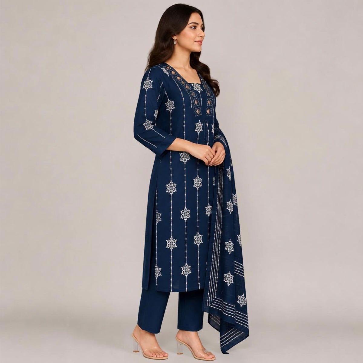 Indi Blue Cotton Printed Mirror-Work Pant Kurta Set