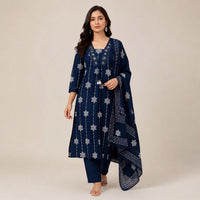 Indi Blue Cotton Printed Mirror-Work Pant Kurta Set
