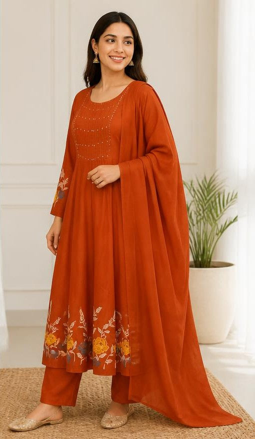 Rust Orange Cotton Printed Kurta Pant Set