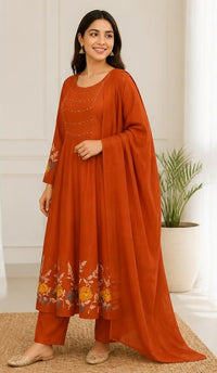 Rust Orange Cotton Printed Kurta Pant Set