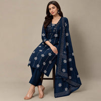 Indi Blue Cotton Printed Mirror-Work Pant Kurta Set