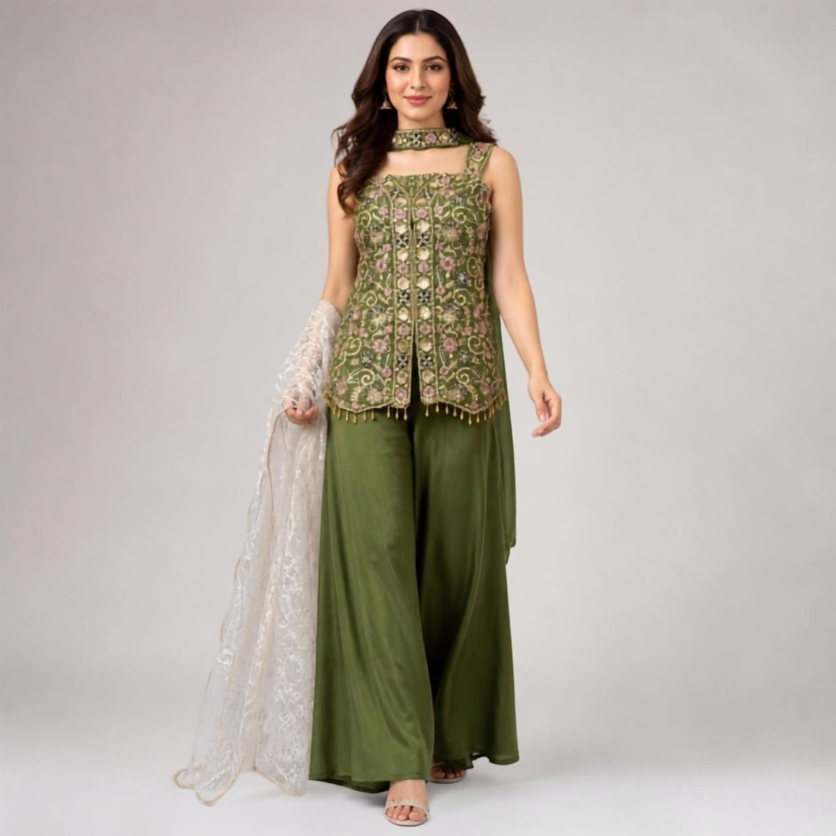 Olive Green Chinna Plazo Kurta Dupatta Suit