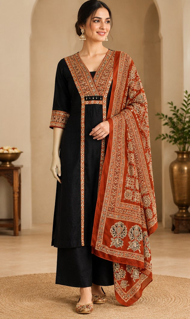 Black & Brown Cotton Printed Pant Kurta Set