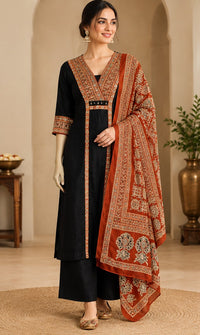 Black & Brown Cotton Printed Pant Kurta Set
