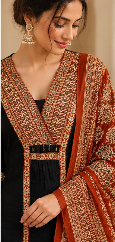 Black & Brown Cotton Printed Pant Kurta Set