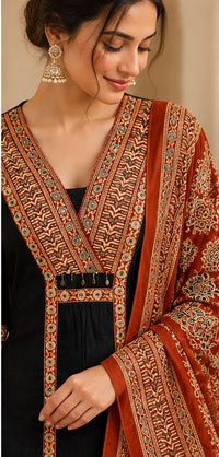 Black & Brown Cotton Printed Pant Kurta Set