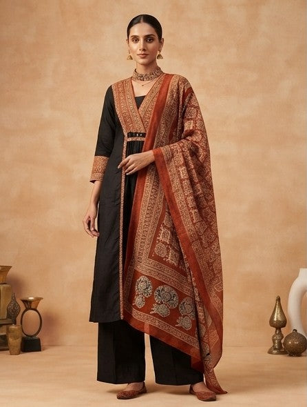 Black & Brown Cotton Printed Pant Kurta Set