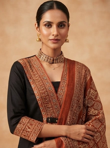 Black & Brown Cotton Printed Pant Kurta Set