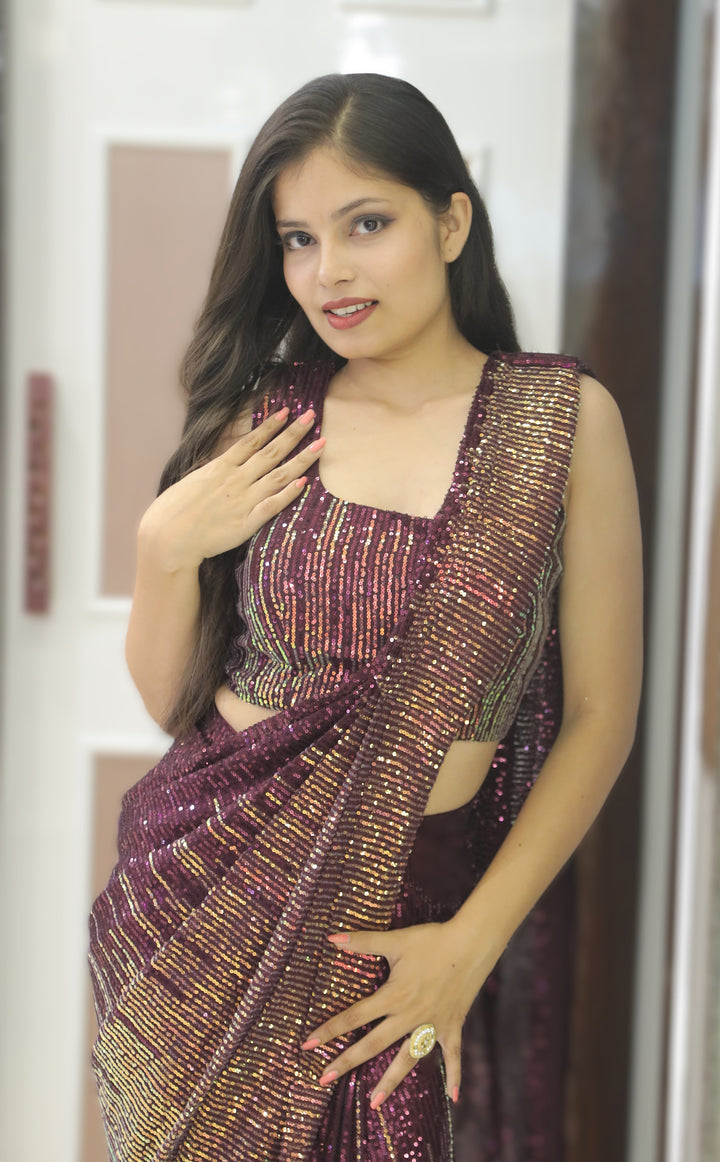 Wine & Gold Sequin Cocktail Saree