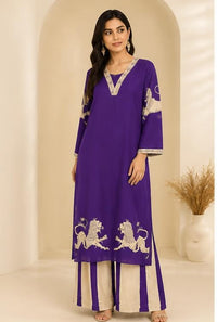 Purple Cotton Animal-Print Kurta Pant Set