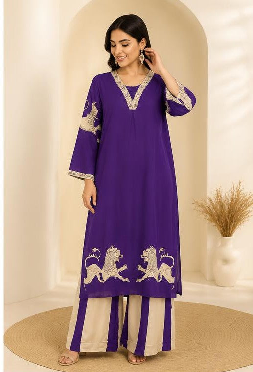 Purple Cotton Animal-Print Kurta Pant Set