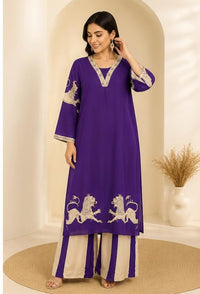 Purple Cotton Animal-Print Kurta Pant Set