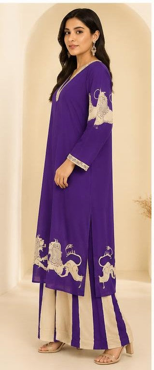 Purple Cotton Animal-Print Kurta Pant Set