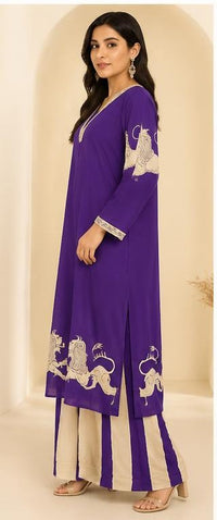 Purple Cotton Animal-Print Kurta Pant Set