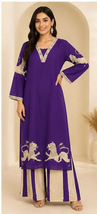 Purple Cotton Animal-Print Kurta Pant Set