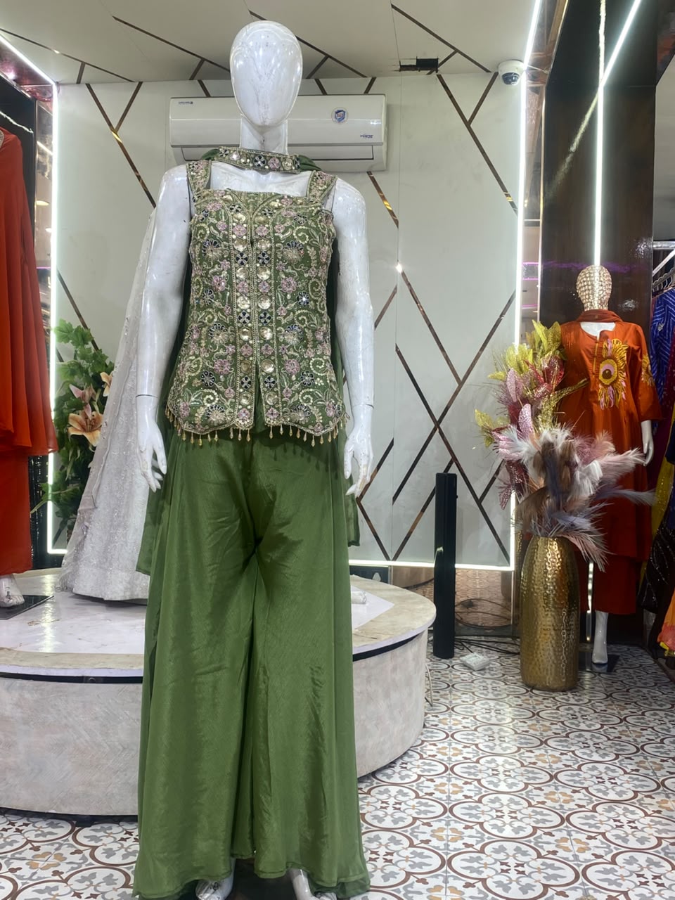 Olive Green Chinna Plazo Kurta Dupatta Suit