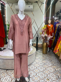 Rose Pink Tissue Handwork Pant Kurta Set
