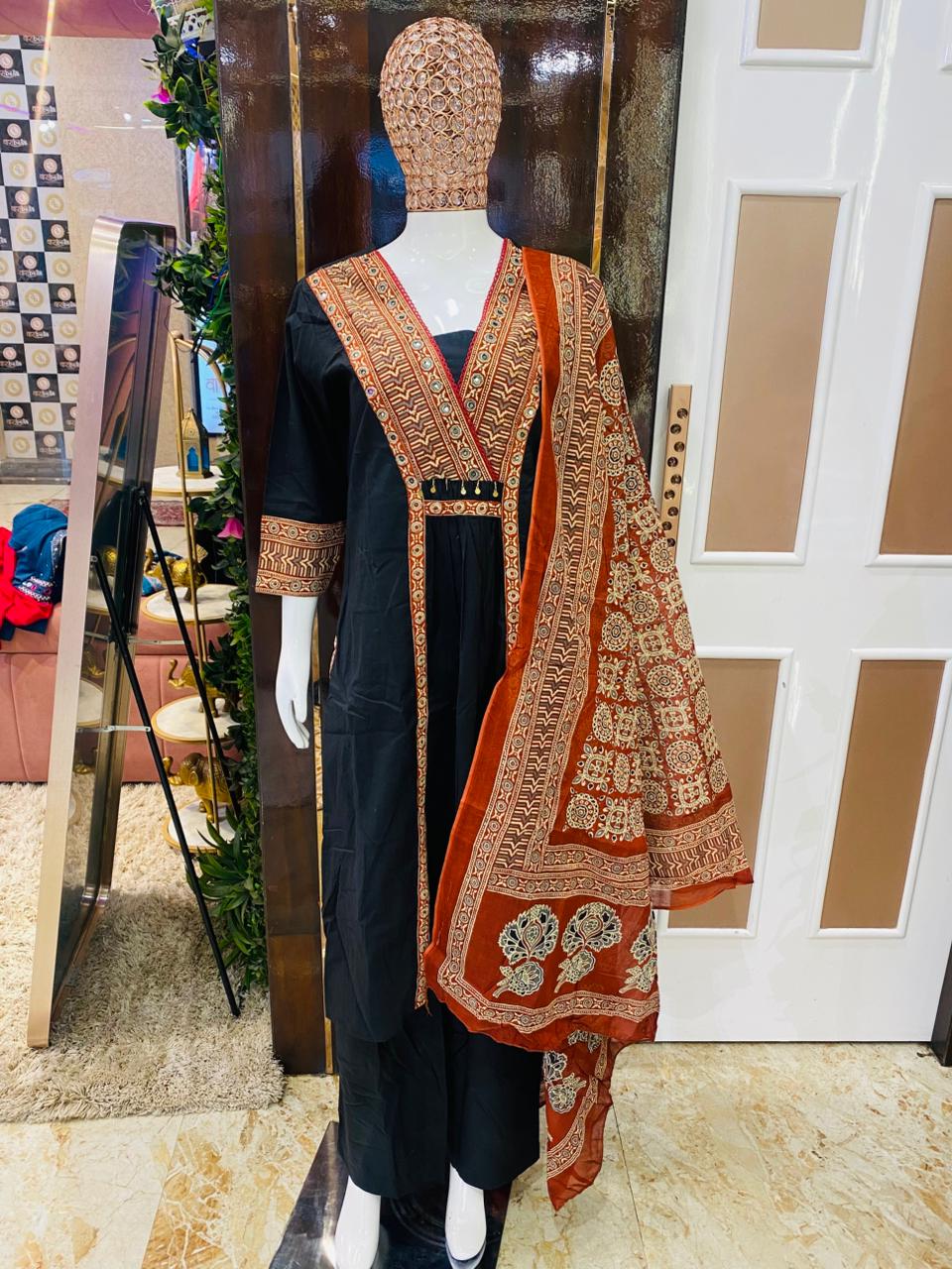 Black & Brown Cotton Printed Pant Kurta Set