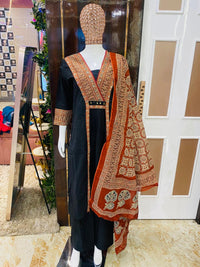 Black & Brown Cotton Printed Pant Kurta Set