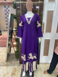Purple Cotton Animal-Print Kurta Pant Set