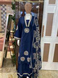 Navy Blue Cotton Printed Shell-Work Kurta Pant Set