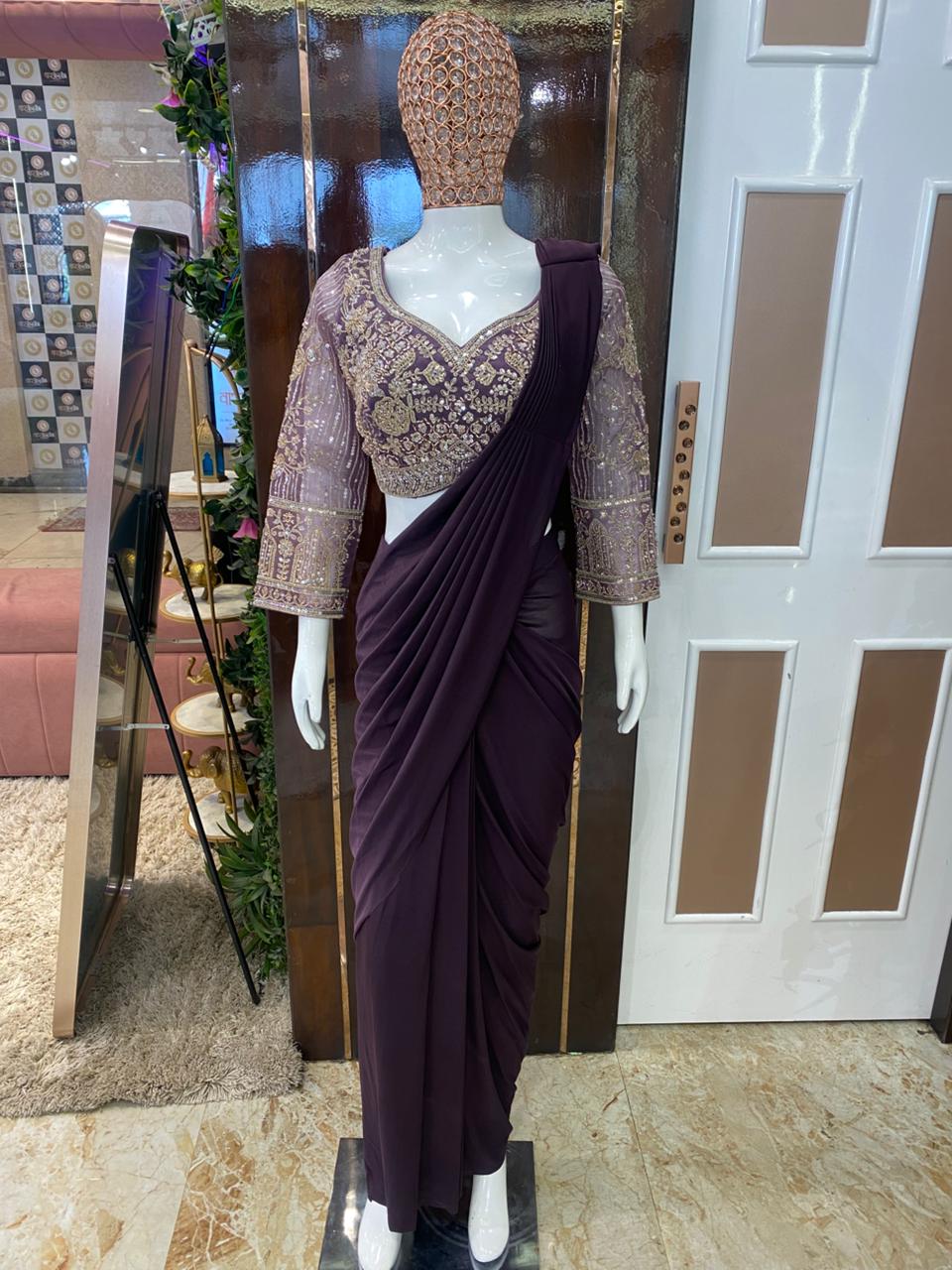 Dark Purple Ready-to-Wear Saree with Heavy-Work Blouse