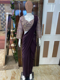 Dark Purple Ready-to-Wear Saree with Heavy-Work Blouse