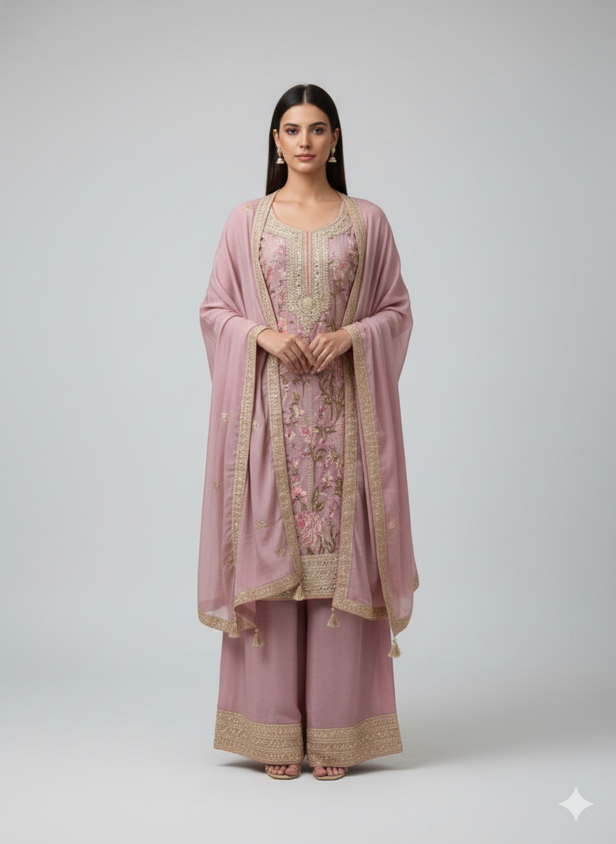 Mauve Pink Chinon Kurta Palazzo Set with Dupatta