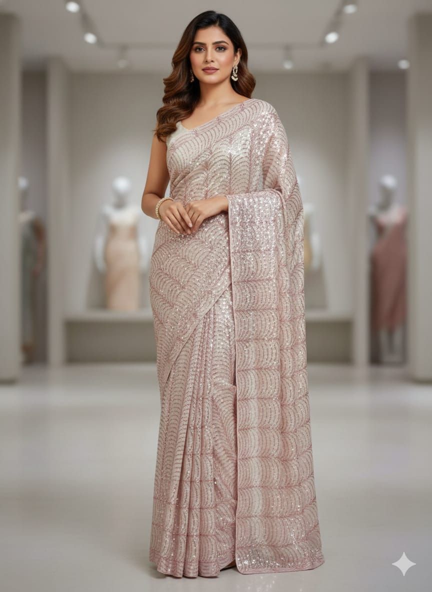 Peach Stretchable Shemri Saree with Sequence Work