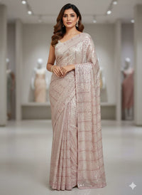 Peach Stretchable Shemri Saree with Sequence Work