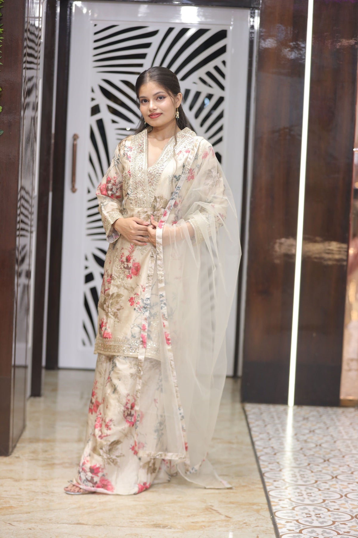 Cream Premium Crepe Kurta Set For Women
