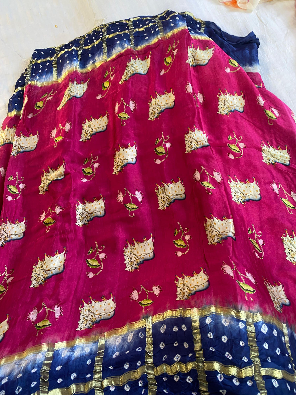 Pink and Blue Modal Silk Cow Print Saree with Zari