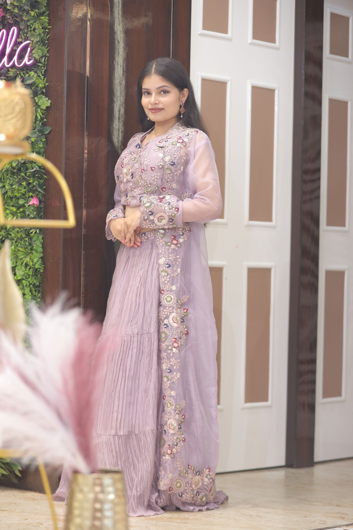 Purple Premium Crop Top With Embroidered Organza Shrug For Women