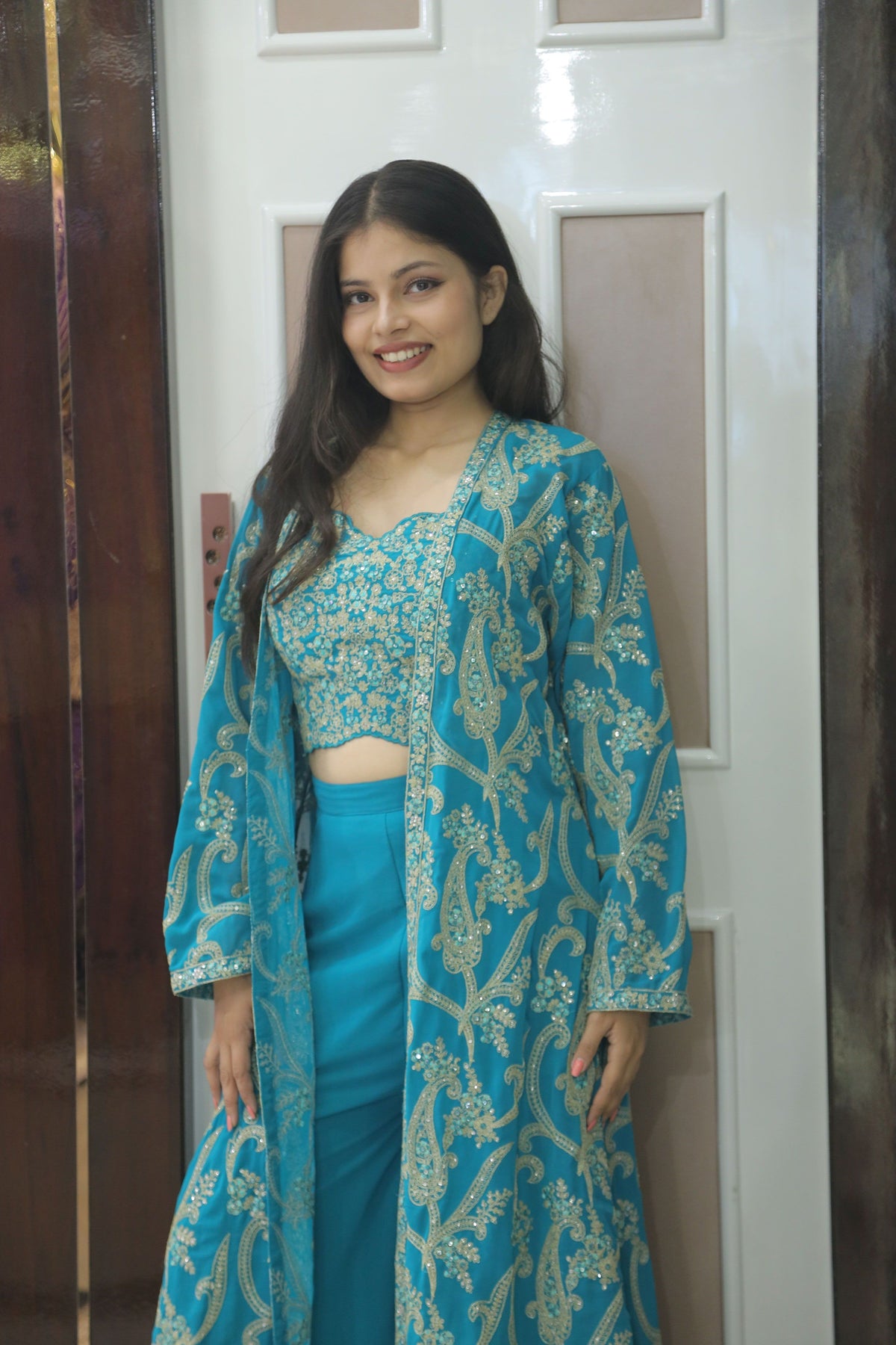 Blue Premium Crop Top With Palazzo & Long Shrug For Women