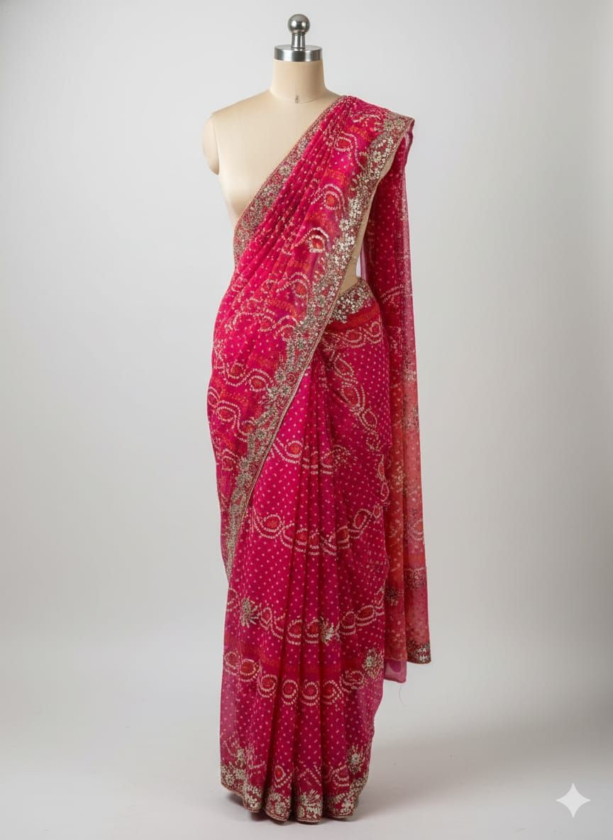 Pink Pure Chiffon Saree with Gotta Patti and Handwork