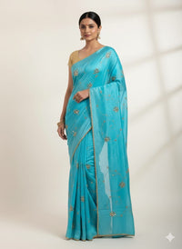 Blue Crepe Saree with Mirror and Zari Work
